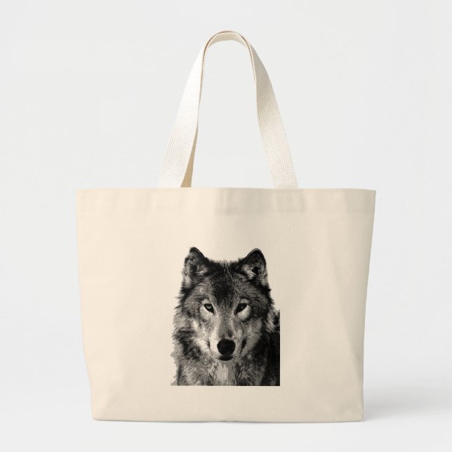 Schwarz-Weiß-Wolf-Portrait Jumbo Stoffbeutel (Vorne)