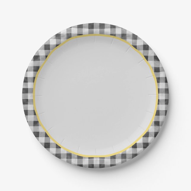 Schwarz-weiß Yellow Gingham Summer Picnic Pappteller (Vorderseite)