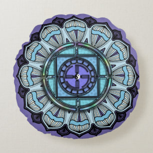 Schwarz-weiß Yin Yang auf Lavender Aqua Mandala Rundes Kissen