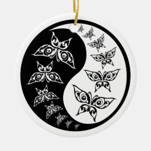 Schwarz-Weiß-Yin-Yang-Tao-Schmetterlinge Keramik Ornament