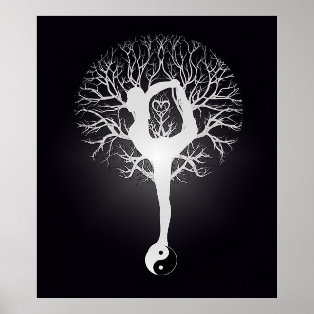 Schwarz-Weiß-Yoga-Baum mit Frau und Yin Yang. Poster (Vorne)