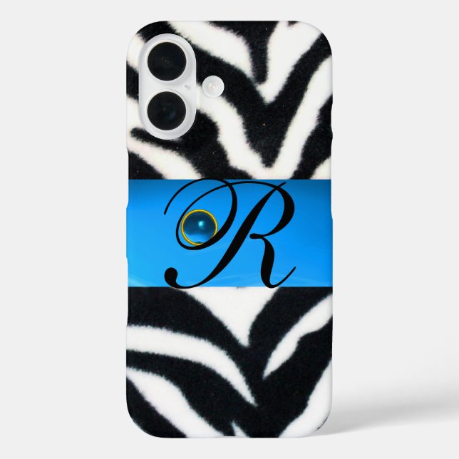 SCHWARZ-WEISS ZEBRA FUR AQUA BLUE GEM MONOGRAM iPhone 16 HÜLLE (Rückseite)