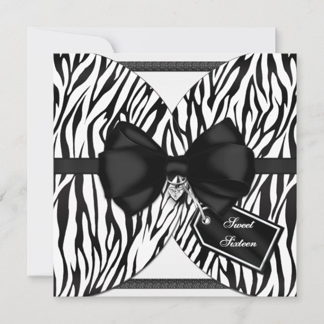Schwarz-weiß Zebra Invite Ribbon & Jewelen Bow Einladung (Vorderseite)