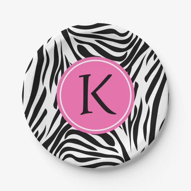 Schwarz-Weiß-Zebra-Monogramm-Druck mit Hot-Rosa Pappteller (Vorderseite)