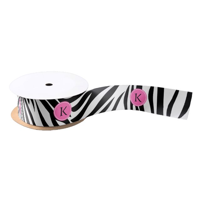 Schwarz-Weiß-Zebra-Monogramm-Druck mit Hot-Rosa Satinband (Spule)