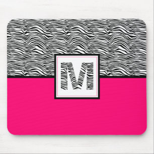 Schwarz-Weiß-Zebra-Print-Monogramm Heiß rosa Mousepad