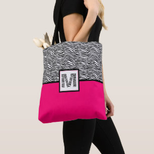 Schwarz-Weiß-Zebra-Print-Monogramm Heiß rosa Tasche