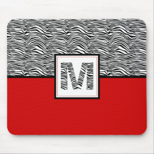 Schwarz-Weiß-Zebra-Print-Monogramm Rot Mousepad