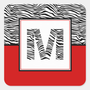 Schwarz-Weiß-Zebra-Print-Monogramm Rot Quadratischer Aufkleber