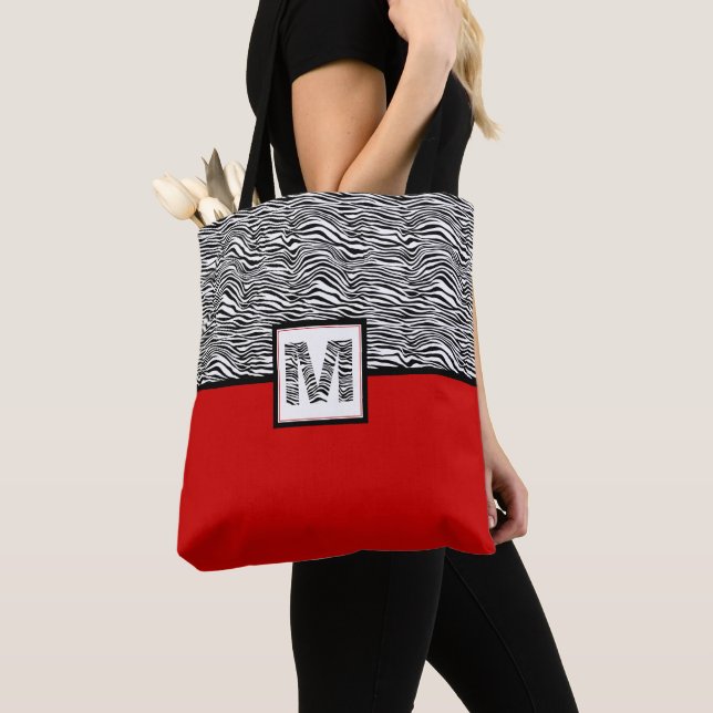 Schwarz-Weiß-Zebra-Print-Monogramm | Rot Tasche (Von Nahem)