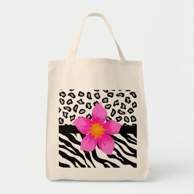 Schwarz-Weiß-Zebra und Geparden-Blume Tragetasche (Vorne)