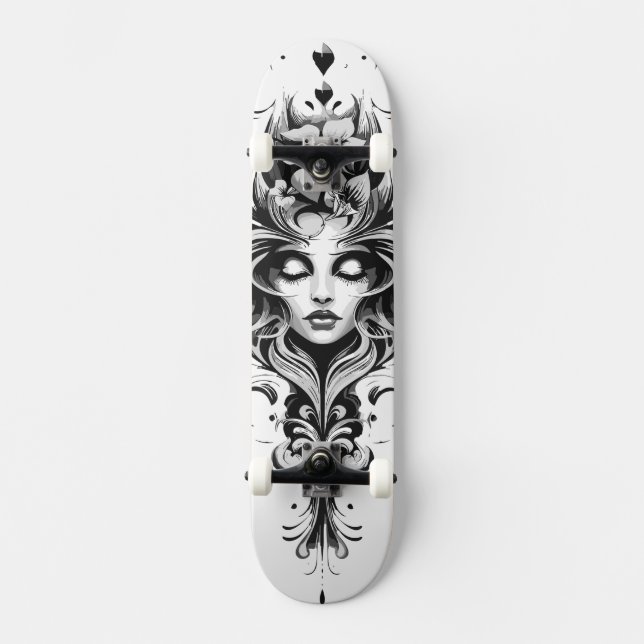 Schwarz-Weiß-Zeichn einer Frau Skateboard (Vorderseite)