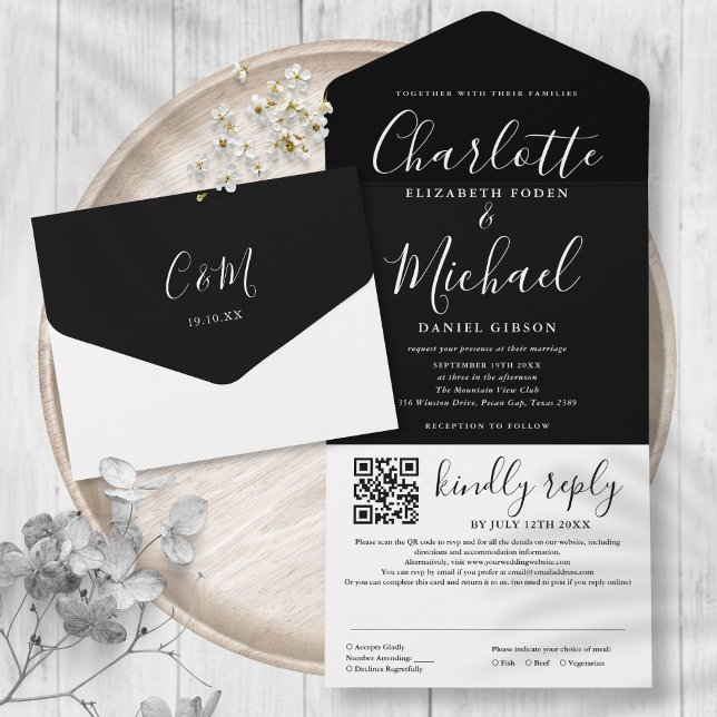 Schwarz-Weiß-Zeitschrift QR Code Hochzeit All In One Einladung (Black And White Modern Script QR Code Wedding All In One Invitation)