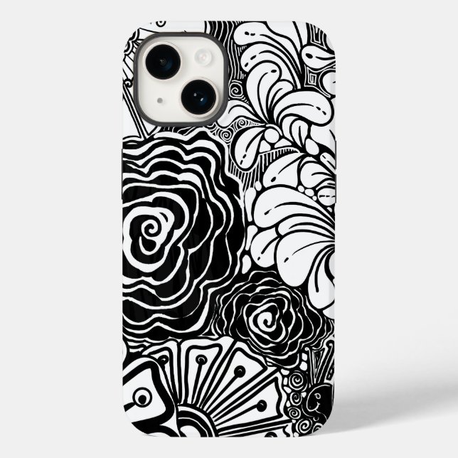 Schwarz-Weiß-Zen-Blumen Gemustert Zeichnend Case-Mate iPhone 14 Hülle (Rückseite)