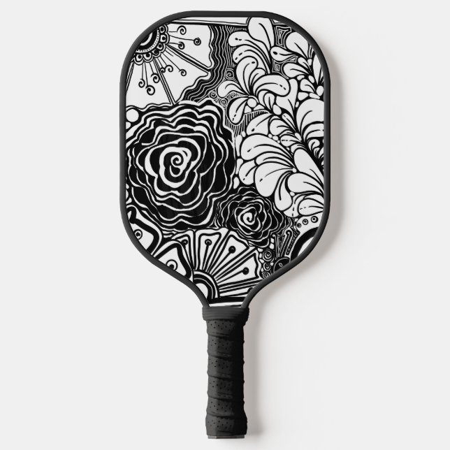Schwarz-Weiß-Zen-Blumen Gemustert Zeichnend Pickleball Schläger (Vorderseite)