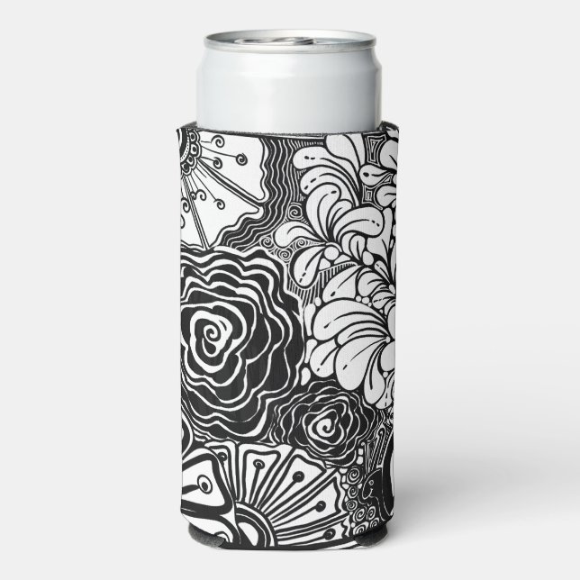 Schwarz-Weiß-Zen-Blumen Gemustert Zeichnend Selters Dosenkühler (Seltzer Rückseite)