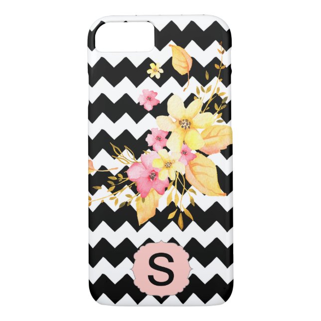 Schwarz-Weiß-Zickzack-Floral-Monogramm Case-Mate iPhone Hülle (Rückseite)