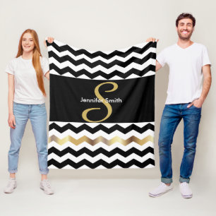 Schwarz-Weiß-Zickzack Monogramm-Design Fleecedecke