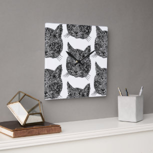 Schwarz-Weiß-Zierkatzen-Portrait Quadratische Wanduhr