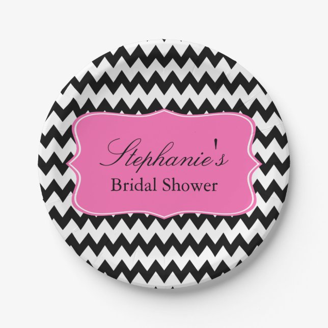 Schwarz-Weiß-Zigzag mit Hot-Pink-Brautparty Pappteller (Vorderseite)