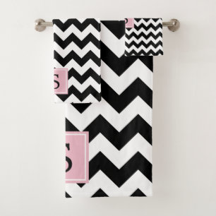 Schwarz-Weiß-Zigzag-Muster, Monogramm Badhandtuch Set