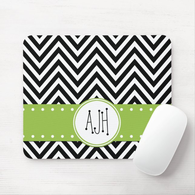 Schwarz-Weiß-Zigzag-Muster, Monogramm Mousepad (Mit Mouse)