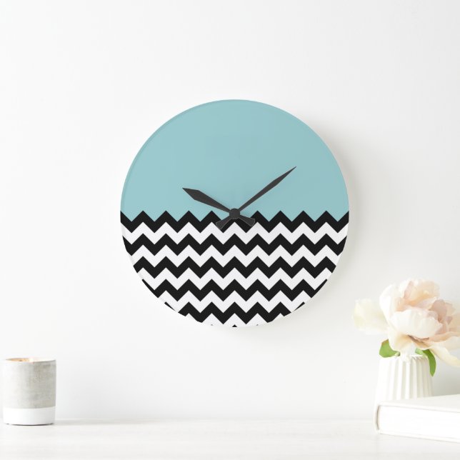Schwarz-Weiß-Zigzag-Muster, Zickzack, blau Große Wanduhr (Zuhause)