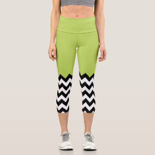 Schwarz-Weiß-Zigzag-Muster, Zickzack, grün Capri Leggings