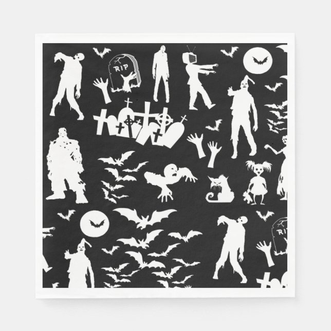 Schwarz-Weiß-Zombie-Collage Halloween Serviette (Vorderseite)