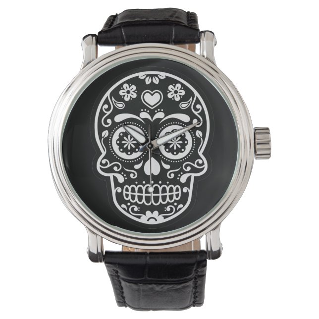 Schwarz-Weiß-Zucker-Schädelherz Armbanduhr (Vorderseite)
