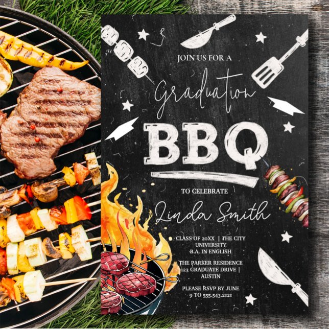 Schwarz-weiße Abschluss GRILLEN Einladung (Black White Watercolor Graduation BBQ Invitation #zazzlemade #bbqgraduation #bbqparty #graduate2025)