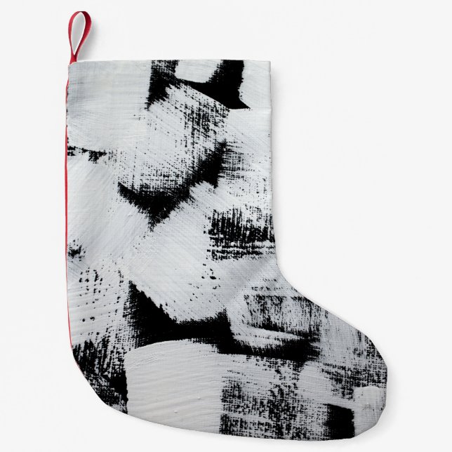 Schwarz-weiße, abstrakt gestrichene Leinwand. Kleiner Weihnachtsstrumpf (Vorderseite)