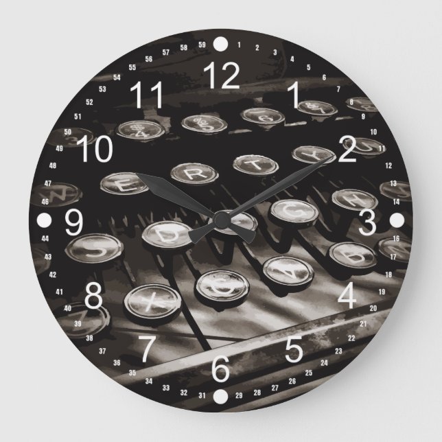 Schwarz-weiße alte Schreibschrifttasten Große Wanduhr (Vorderseite)