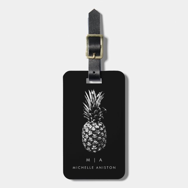 Schwarz-weiße Ananas | Monogramm Custom Gepäckanhänger (Vorderseite vertikal)