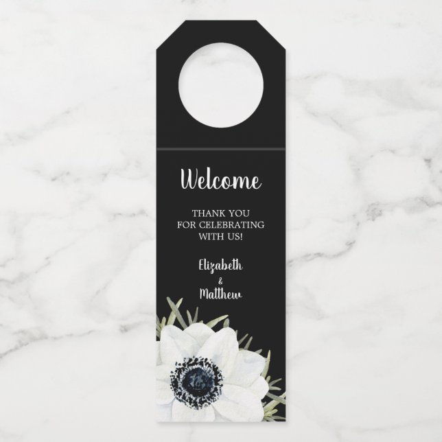 Schwarz-weiße Anemones Floral Wedding Flasche Hang Flaschenanhänger (Vorderseite)