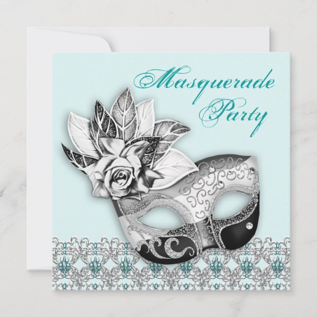 Schwarz-weiße Aquamarine Blue Masquerade Party Ein Einladung (Vorderseite)