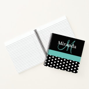 Schwarz-weiße Aquamarine Green Monogram Script Pol Notizbuch