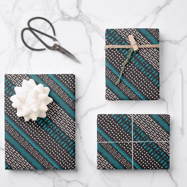 Schwarz-weiße Aquamarine Punkte zeigen das Zigzags Geschenkpapier Set (Vorderseite)