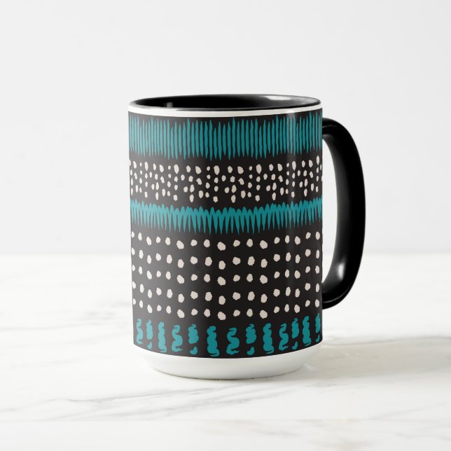 Schwarz-weiße Aquamarine Punkte zeigen das Zigzags Tasse (VorderseiteRechts)