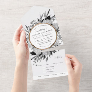 Schwarz-weiße Aquarell-Blumenhochzeit All In One Einladung