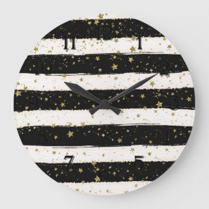 Schwarz Weiße Aquarellstreifen Gold Glitzernde Ste Große Wanduhr