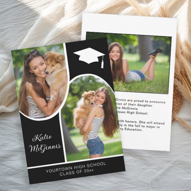 Schwarz-weiße Arch Foto Graduation Cap Ankündigung (Arch photo graduation announcements 5x7)