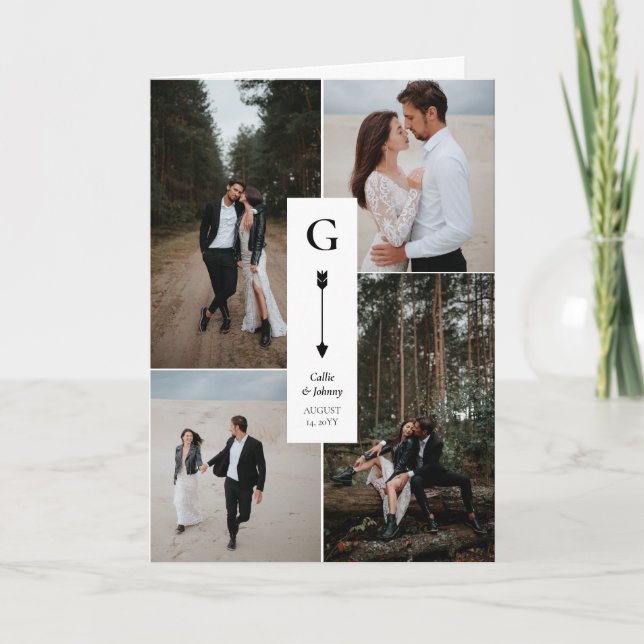 Schwarz-weiße Arrow-Hochzeitfoto-Collage Dankeskarte (Vorderseite)