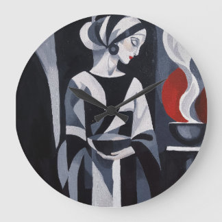 Schwarz-weiße Art Deco-Frau-Wandkunst Große Wanduhr