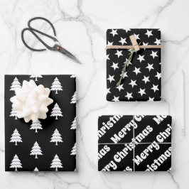 Schwarz-weiße Bäume, Sterne Frohe Weihnachten Urla Geschenkpapier Set