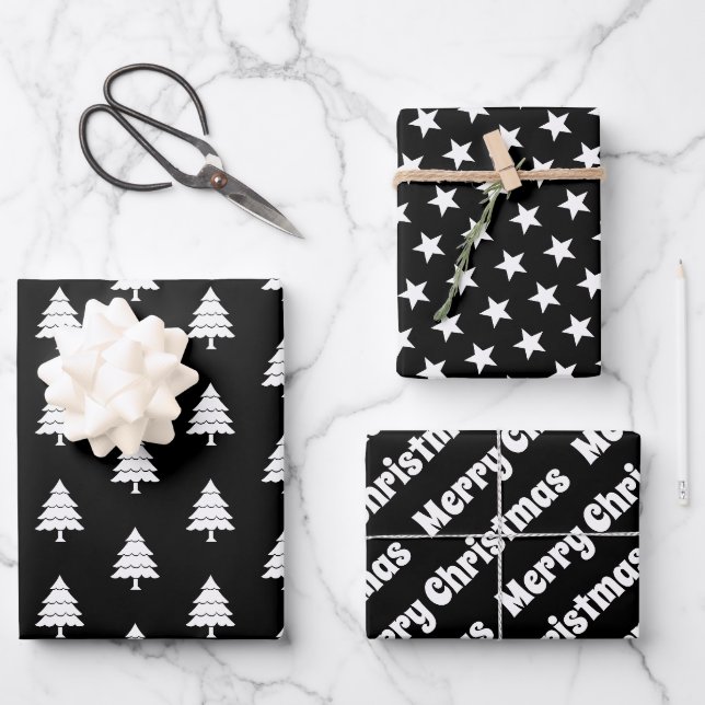 Schwarz-weiße Bäume, Sterne Frohe Weihnachten Urla Geschenkpapier Set (Vorderseite)