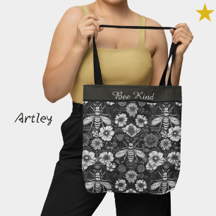 Schwarz-weiße Bienen Vintage Blumensprache Tasche