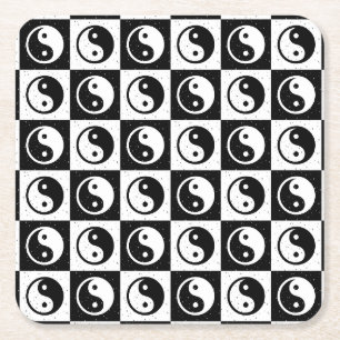 Schwarz-weiße Blockdruckaufzeichnung Yin-Yang Rechteckiger Pappuntersetzer
