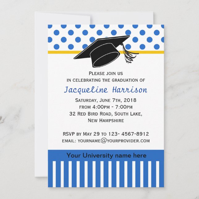 Schwarz-weiße Blue-Polka-Dot-Graduierungspartei Einladung (Vorderseite)