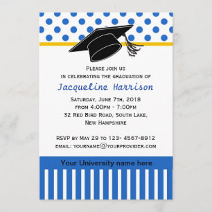 Schwarz-weiße Blue-Polka-Dot-Graduierungspartei Einladung